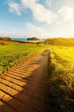 Güneşli bir günde kıyı şeridinin muhteşem manzarası. dikey stok görüntü. tatil ve yaz