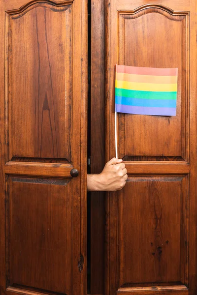 Unknown Person Hand Coming Out Closet Gay Pride Flag Come — Stock Photo, Image