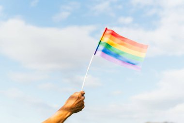 Tanımlanamayan kişi elinde gökkuşağı eşcinsellik bayrağı sallıyor. lgbt halkının hakları aktivisti.