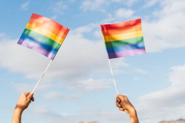 Tanınmayan biri el sallıyor lgbt gurur bayrakları mavi gökyüzü ve arka planda bulutlar. Gay Gururu Günü. Eylemcilik ve insan hakları.