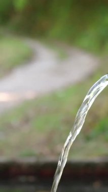 Paslanmaz çelik bir matarayı fıskiyeden tatlı suyla dolduran birine yaklaş. Arka planda bulanık bir yürüyüş yolu görünüyor