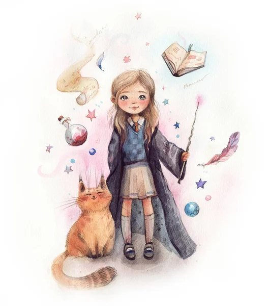 Girl Sorceress Ginger Cat Watercolor Illustration Girls Cat Girl Raincoat — Stock Photo, Image