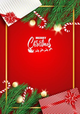 Mutlu noeller. Kırmızı arka planda Noel ağacı, hediye kutusu ve baston şeker dizaynı. resimleme