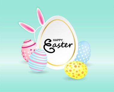 Mutlu Paskalyalar. Kutlama. Renkli paskalya yumurtası ve renkli pastel kağıtlı tavşan saç bandı. Işık ve gölge. Vektör