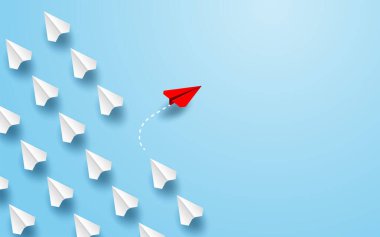 Farklı iş anlayışı. Kırmızı kağıt uçak beyaz kağıt uçaktan yön değiştiriyor. Yeni fikirler. Kağıt sanatı. yaratıcı fikir. vektör, resimleme.