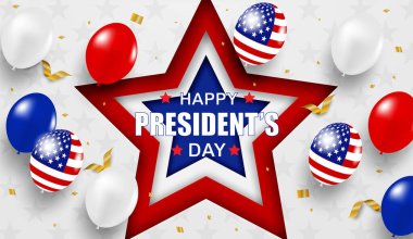 Amerika Başkanları Günü. Geçmişi. Balonlu tasarım, Amerikan bayrağı ve altın folyolu konfeti. Vektör