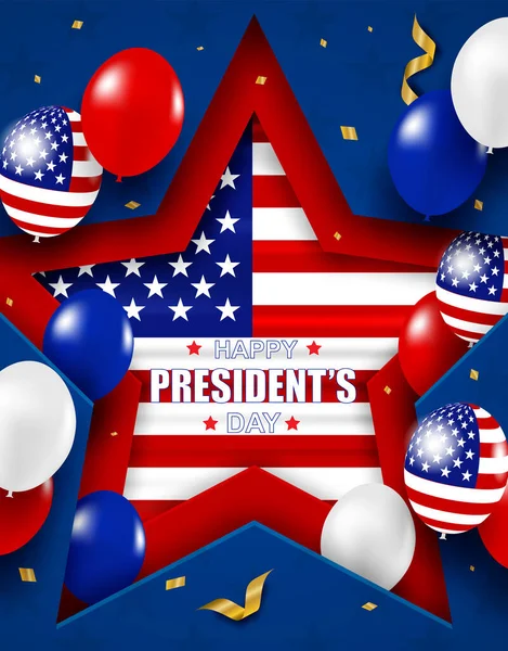 Presidentdagen Usa Bakgrund Design Med Ballonger Usa Flagga Och Guldfolie — Stock vektor