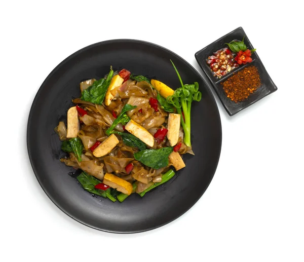 Würzige Umrühren Gebratene Flache Nudeln Mit Tofu Vegetarian Chinese Style — Stockfoto
