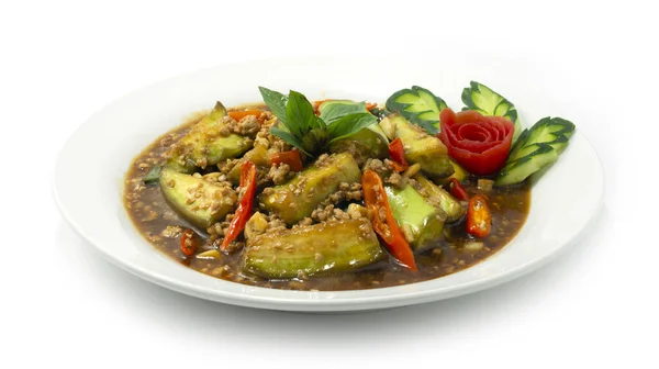 Auberginen Stir Gebratenes Mit Schweinefleisch Chili Süßem Basilikum Thaifood Style — Stockfoto