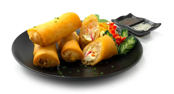 Spring Rolls Deep Fried Appetizer Dish Asianfood Decorate Carved Vegetables — Stock Photo, Image