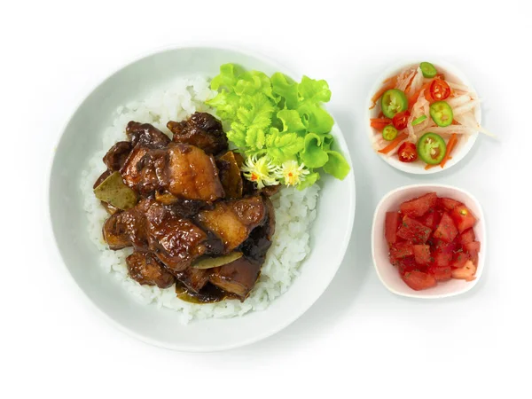 Vepřové Adobo Karamelizované Rýžovém Receptu Filipínské Jídlo Přidáno Sladkokyselou Chutí — Stock fotografie