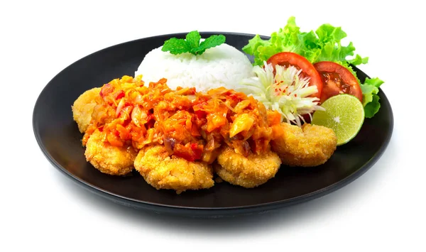 Camarones Geprek Indonesian Food Crujiente Camarones Fritos Con Salsa Chile — Foto de Stock