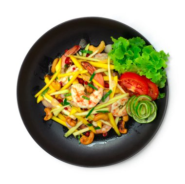 Karides ve fındıklı Mango Baharatlı Salata Tayland Yemeği Baharatlı Ekşi ve Tatlı Yemek Sebze Üst Manzarası