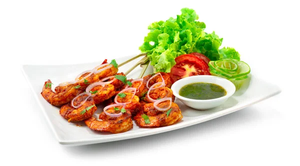 Tandoori Shrimps Grilled Skewers Disajikan Mint Sauce Adalah Makan Malam Stok Lukisan  