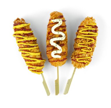 Peynirli Corndog 3 Favori Erişte, Patates kızartması ve ekmek kırıntıları Mozzarella peyniri ve hotgog stili Kore sokak yemeği mönüsü