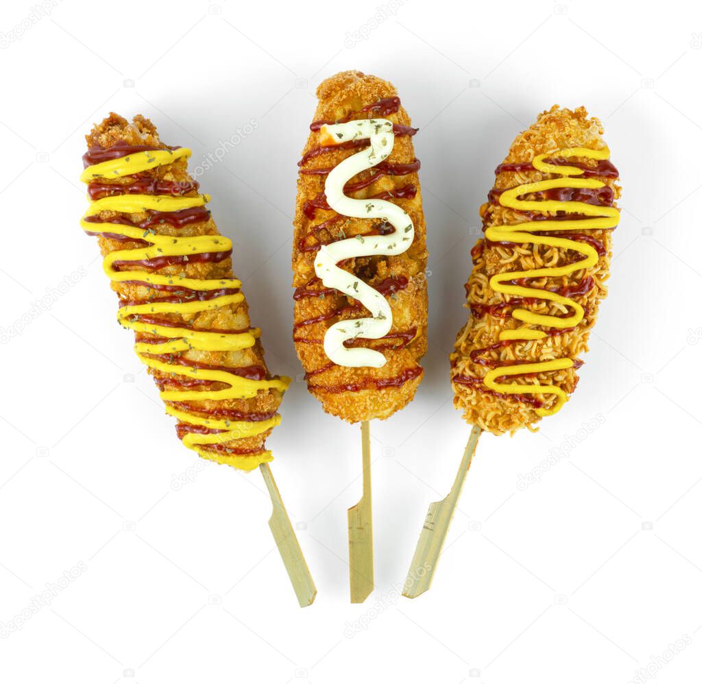 Cheese Corndog 3 Favourite Instant noodles, French fries Potato and Bread Crumbs inside Mozzarella cheese and hotgog style Korean Street Food popular break time menu