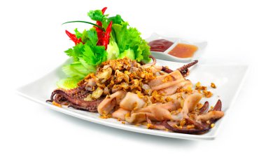 Çıtır sarımsaklı kalamar, Tayland yemeği füzyon stili oyulmuş sebze.