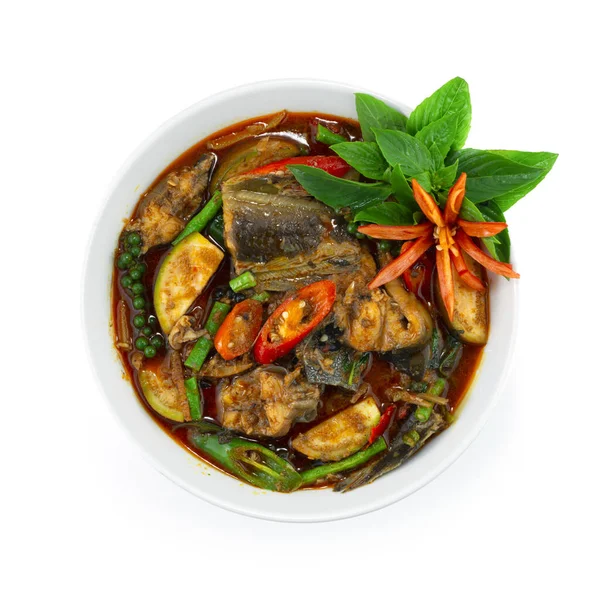Spicy Curry Catfish Peppers Herbs Thai Food Dekorasi Dengan Ukiran Stok Foto