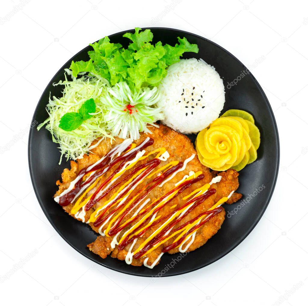 Korean Pork Cutlet Panko Breaded Deep Fried Pork Served Slice cabbag, rice and vegetable Korean food style topview