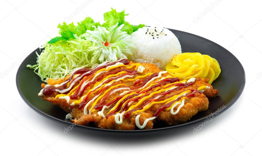 Korean Pork Cutlet Panko Breaded Deep Fried pork Served Slice cabbag, rice and vegetable Korean food style sideview