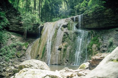 Küçük orman şelalesi. Kayalardan süzülen su püskürtüleri
