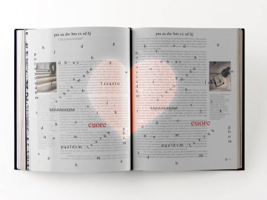 Kırmızı kalpli arka plan bir kitabın sayfalarına yansıtılıyor.