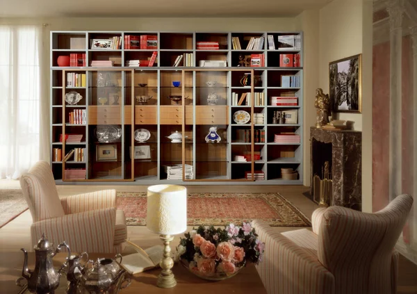 Single shot photo of a room with a wooden bookcase