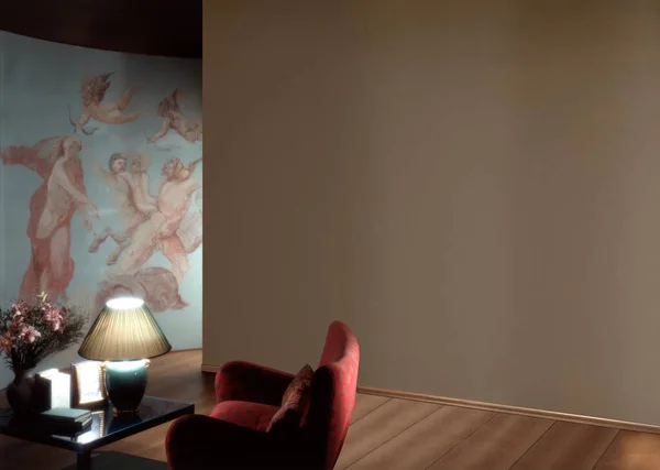 Dekore edilmiş bir duvarı ve koltuğu olan bir odanın tek bir fotoğrafı. 