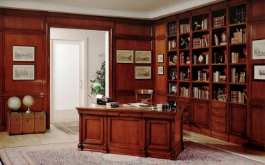 Kitaplıklı bir odanın tek bir fotoğrafı.