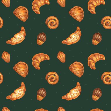 Yeşil arkaplanda, kruvasan, hamur işi, paket için fırın, dekorasyon, grafik tasarım ve web çizimlerinden yapılmış yalıtılmış elementlerle mükemmel bir fırın deseni var.