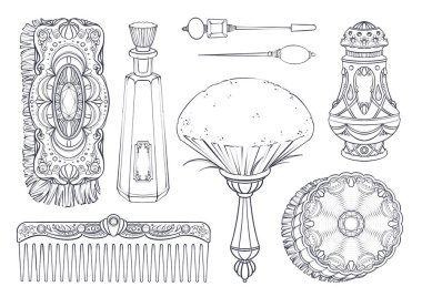 Mücevherli saç fırçası, tarak, antika tuvalet fırçası, klasik kristal kavanoz, broş, illüstrasyon, dekor, kitap, kartpostal, kimlik, Marie Antoinette stili dekorasyon.