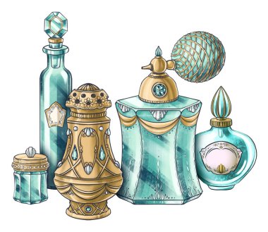 Hand drawn composition of illustrations of vintage jewelry jar, crystal perfume bottles, spray, aroma diffuser for package, book, postcard, identity, poster, decoration in Marie Antoinette style