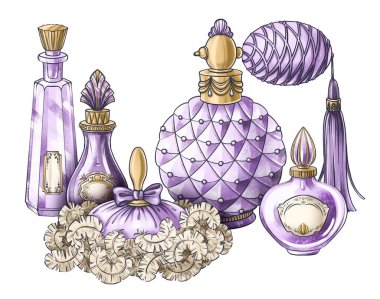 Hand drawn composition of illustrations of vintage jewelry jar, antique crystal perfume bottle, powder puff, for book, postcard, identity, poster, decoration in Marie Antoinette style