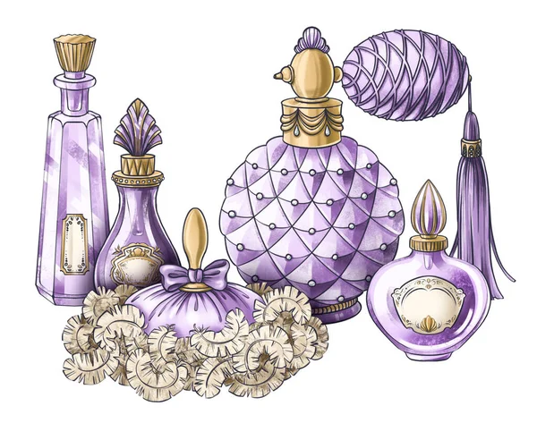 Hand drawn composition of illustrations of vintage jewelry jar, antique crystal perfume bottle, powder puff, for book, postcard, identity, poster, decoration in Marie Antoinette style