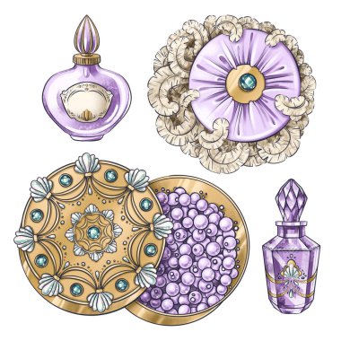 Hand drawn set of illustrations of vintage jewelry jar, crystal perfume bottle, powder box, puff for illustration, book, postcard, identity, poster, decoration in Marie Antoinette style