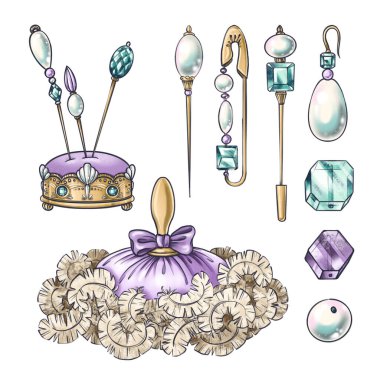 Hand drawn set of illustrations of vintage jewelry, pearl, pin cushion, powder puff with feather, crystal beads for illustration, book, postcard, identity, poster, decoration in Marie Antoinette style