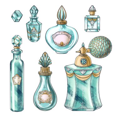 Hand drawn set of illustrations of vintage jewelry jar, crystal perfume bottles, spray, bead for illustration, book, postcard, identity, poster, decoration in Marie Antoinette style