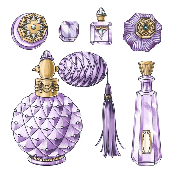 Hand Drawn Set Illustrations Vintage Jewelry Jar Crystal Perfume Bottle — ストック写真