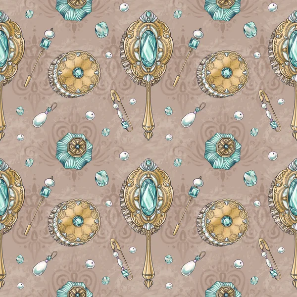 Seamless pattern on beige background made of hand drawn illustrations of vintage hairbrush, jeweled pin, crystal jar for wallpaper, textile design, identity, package, wrapping paper, decoration