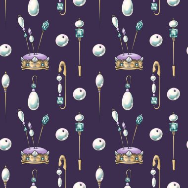 Koyu menekşe arka planda kusursuz desen, el çizimleri, klasik mücevherler, kristal iğneler, duvar kağıdı için inciler, tekstil tasarımı, kimlik, paket, ambalaj kağıdı, dekorasyon.