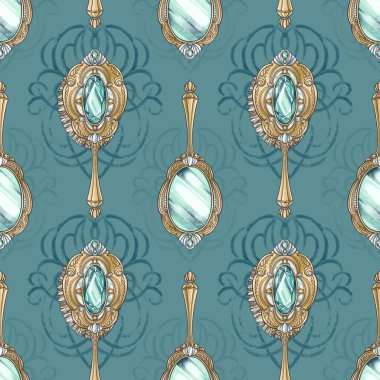 Turkuaz arka planda, mücevherli ayna çizimlerinden yapılmış kusursuz desenler, tekstil tasarımı için kristal dekore edilmiş saç fırçası, kimlik, paket, ambalaj kağıdı, dekorasyon