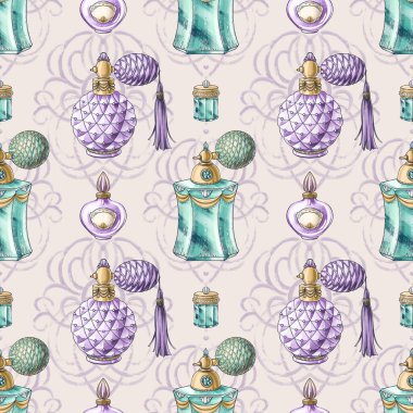 Pembe arka planda, mücevherli parfüm şişesinin çizimlerinden yapılmış kusursuz desen, duvar kağıdı için kristal kavanoz, tekstil tasarımı, kimlik, paket, ambalaj kağıdı, dekorasyon