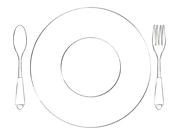 Digitally Drawn Coloring Page Illustrations Vintage Plate Spoon Fork White — Stock Photo, Image