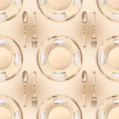 Beyaz arka planda grafik veya web tasarımı için altın elementlerle süslenmiş, dijital olarak çizilmiş klasik porselen, kaşık ve çatal desenli sarı desen, tekstil, paket kağıdı