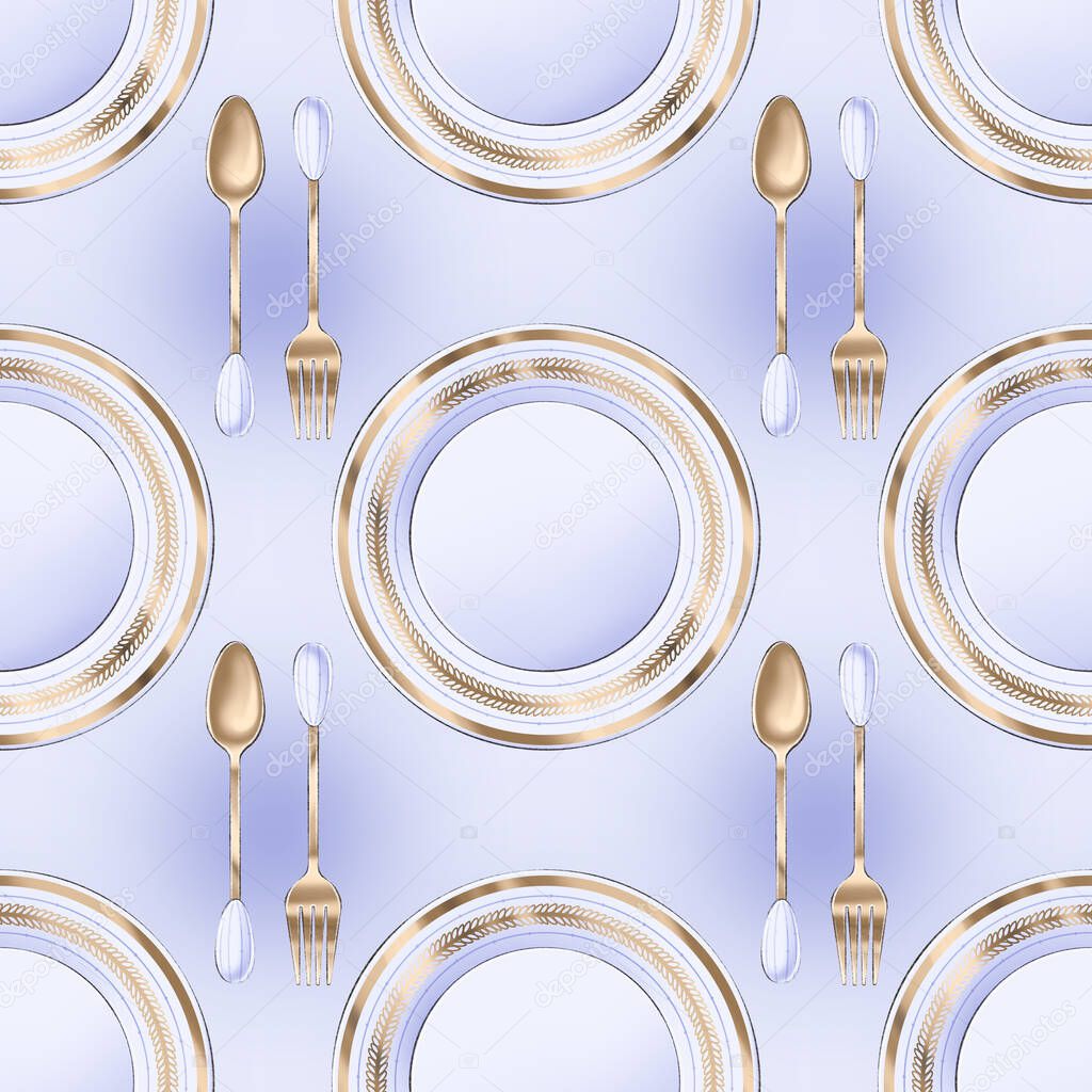 Violet seamless pattern of digitally drawn vintage porcelain plate, spoon and fork, decorated with golden elements on white background for graphic or web design, textile, wrapping paper