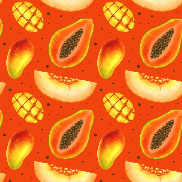 Motif Lumineux Sans Couture Composé Illustrations Dessinées Main Fruits Papaye — Photo