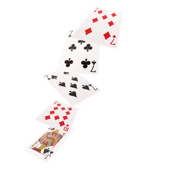 Close up of falling playing cards. Three of kind — Stock Photo, Image