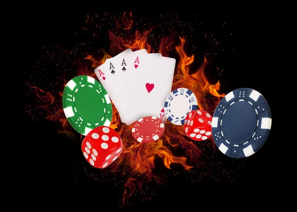 Playing cards and casino chips on fire. poker concept — Stock Photo, Image