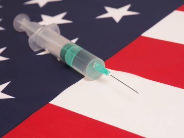 Covid 19 'a karşı aşı konsepti. Usa bayrak arkaplanı.