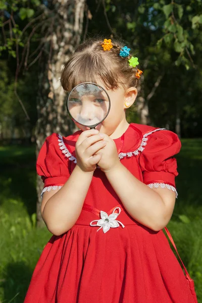 Девушка смотрит через увеличительное стекло на траву на открытом воздухе — стоковое фото